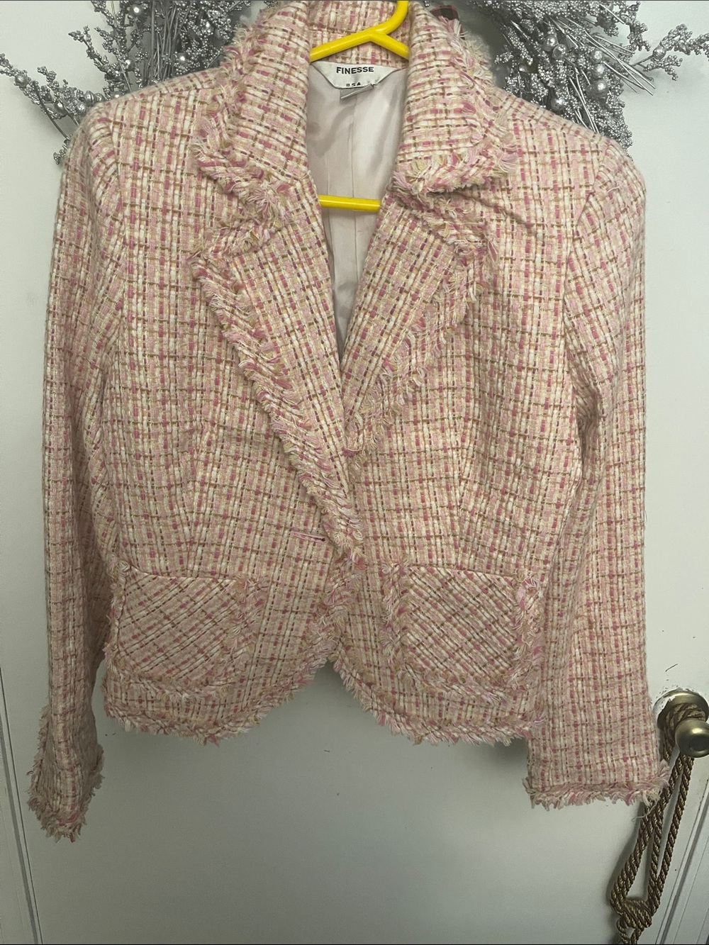 Finesse Pink Bouclé Fringe-Trim Blazer